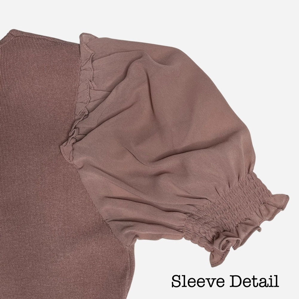 NEW Sioni Milano Mixed Media Ruffle Sleeve Blouse L Soft Knit Heather Salmon - Picture 5 of 12
